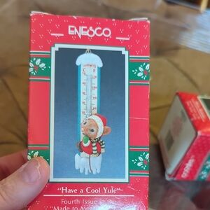 1990 Enesco Red and Green Holiday Ornament with Thermometer Mint Condition